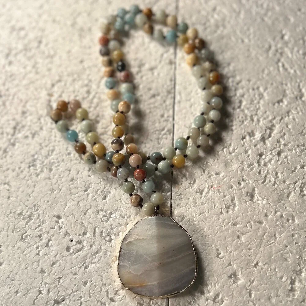 Stone Agate Multi Color Beaded Blue Gray Medallion Necklace Artsy Boho Festival